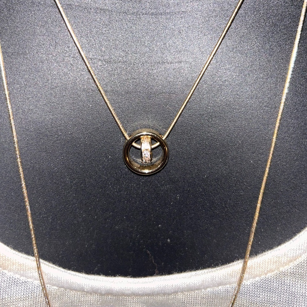 NEW, Long, double strand gold tone necklace with floating rhinestone circles